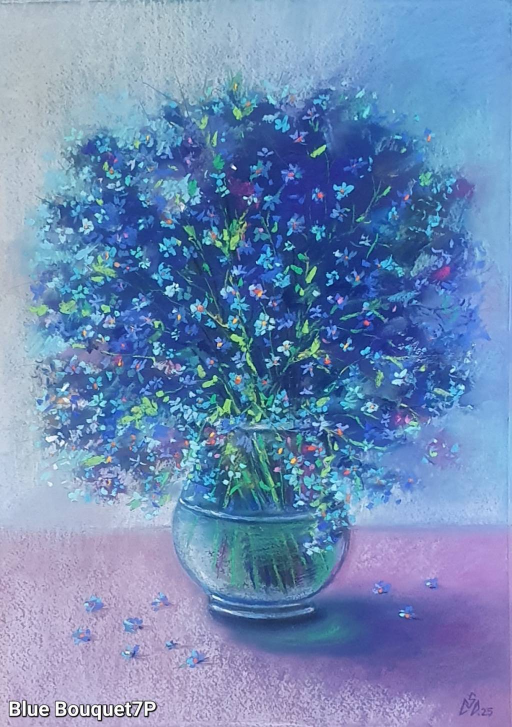 Pictura buchet flori albastre 