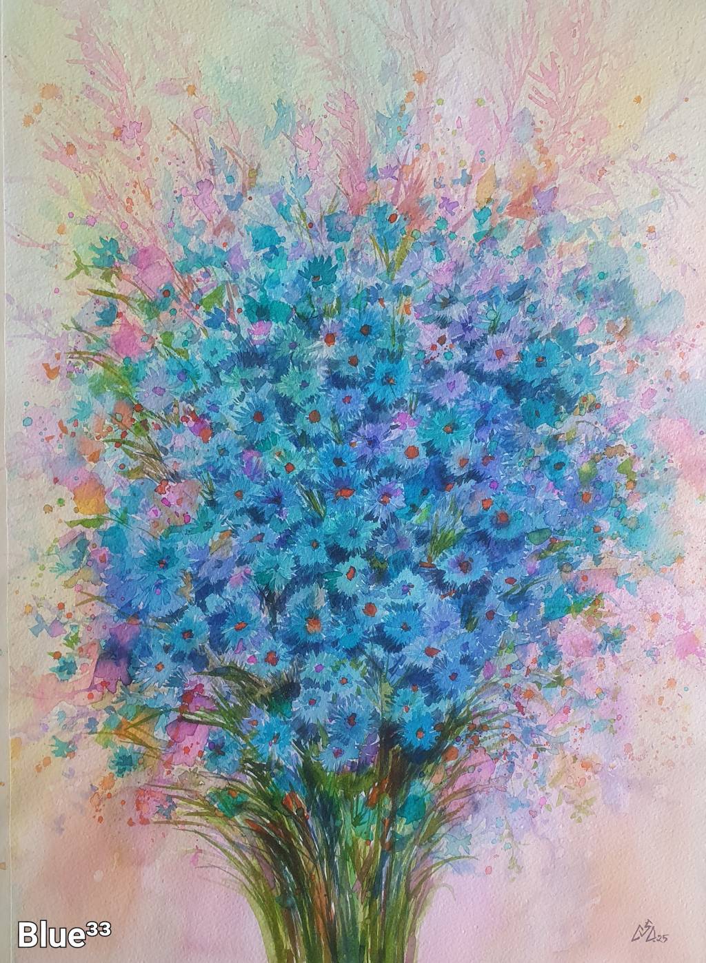 Pictura buchet flori albastre de câmp