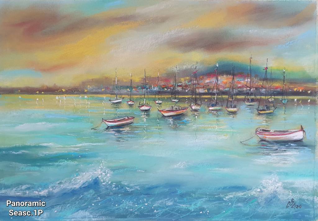 Pictura marea cu barci.