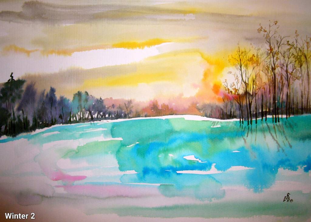 Pictura peisaj apus de soare iarna 