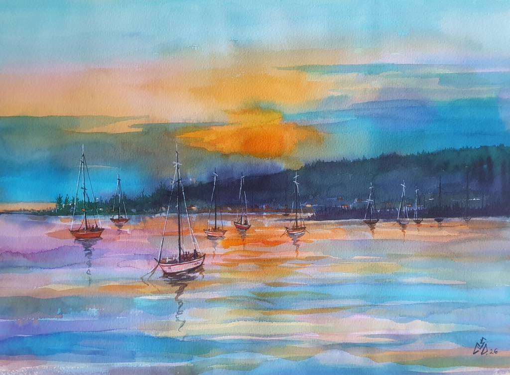 Pictura peisaj apus de soare marin.