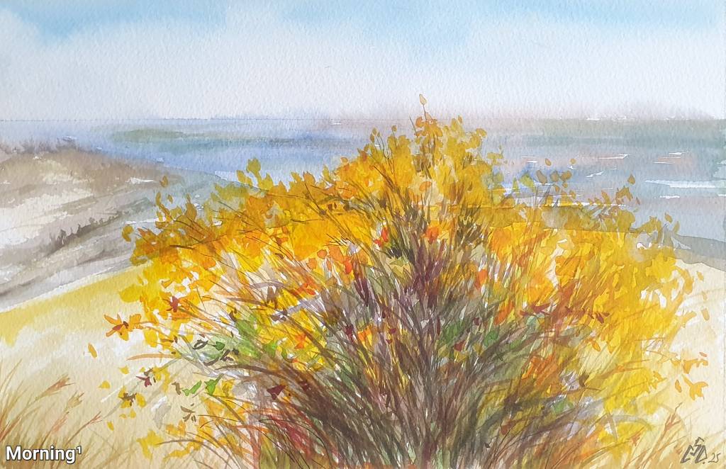 Pictura peisaj marin cu flori galbene