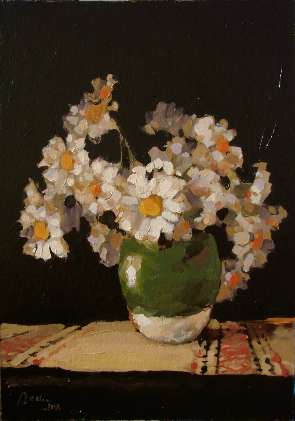 Poza Vas verde cu margarete, ulei carton