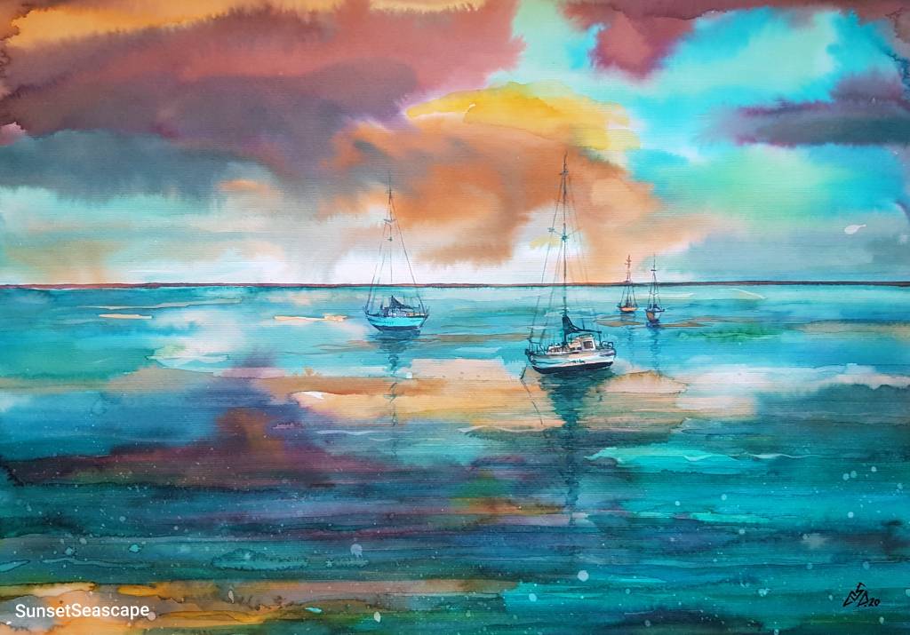 Tablou pictură peisaj marin cu barci