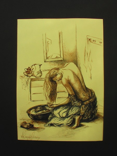 Picturi alb negru Femeie spalandu-si parul