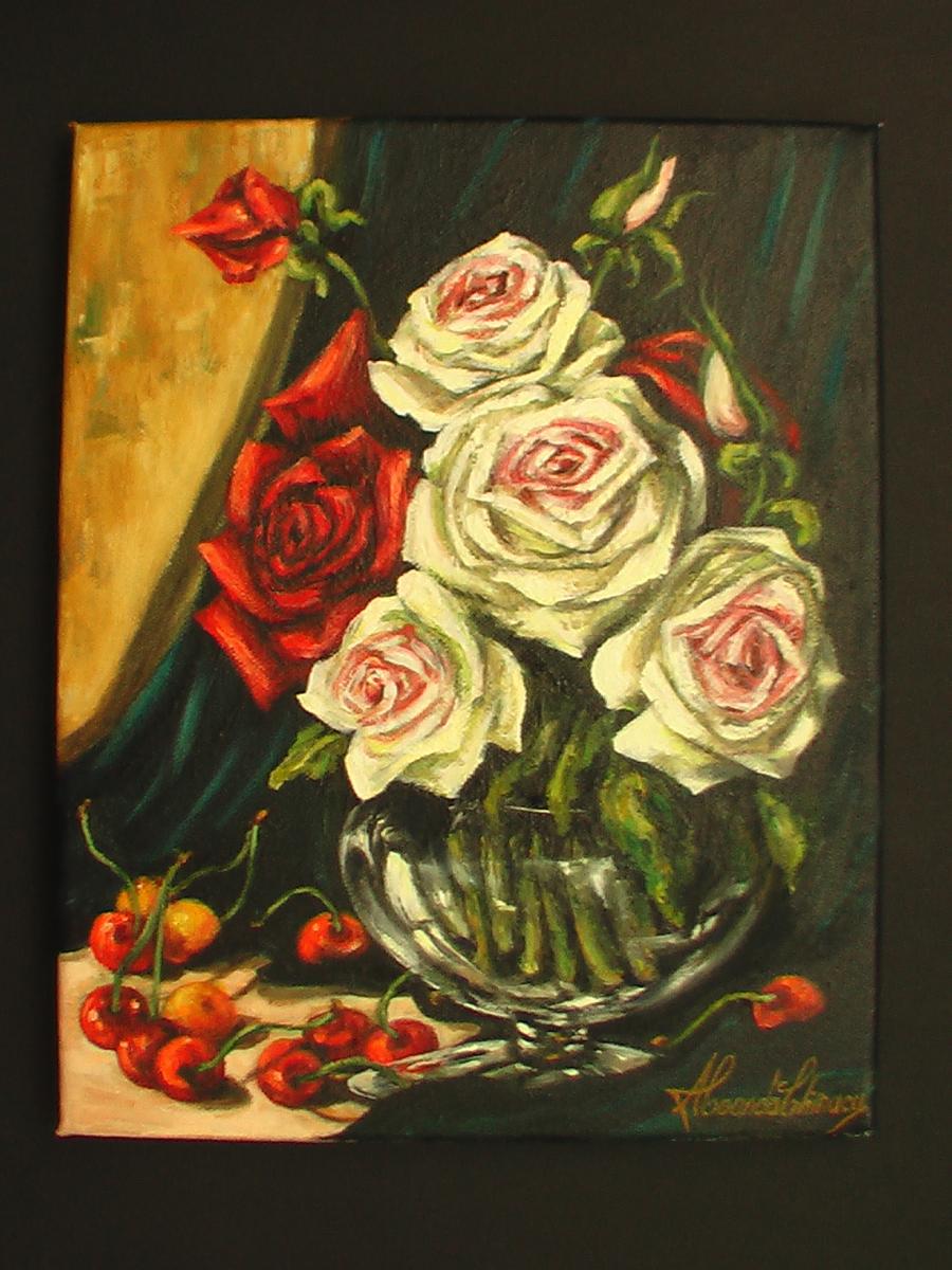 Picturi cu flori cirese si trandafiri albi..