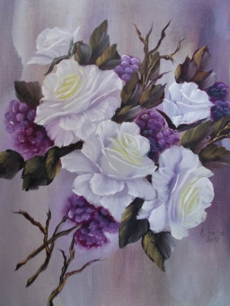 Picturi cu flori Trandafiri albi cu fructe mici