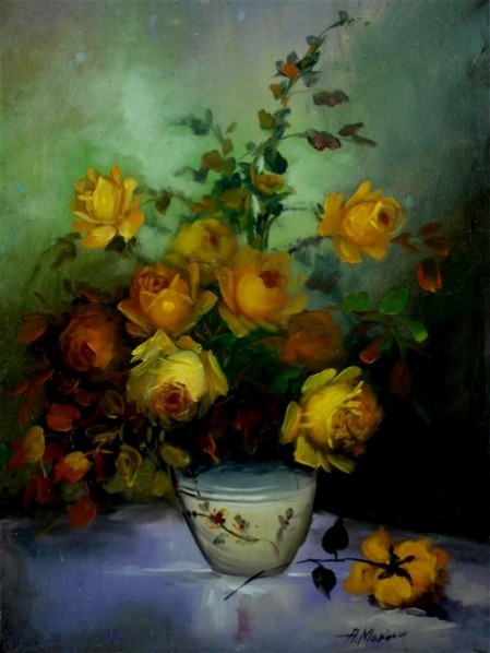 Picturi cu flori Trandafiri in vaza galbeni