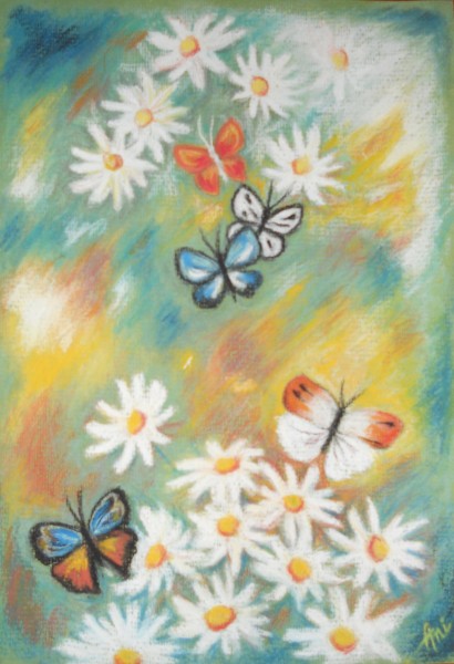 Picturi cu flori Margarete si fluturasi