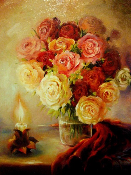 Picturi cu flori Roses by a candle