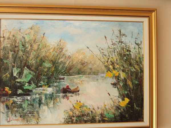 Picturi cu peisaje Pe canal cu barca