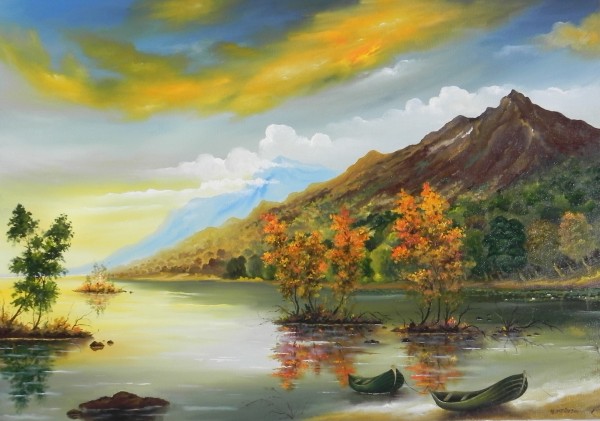 Picturi cu peisaje Barci pe lac de munte