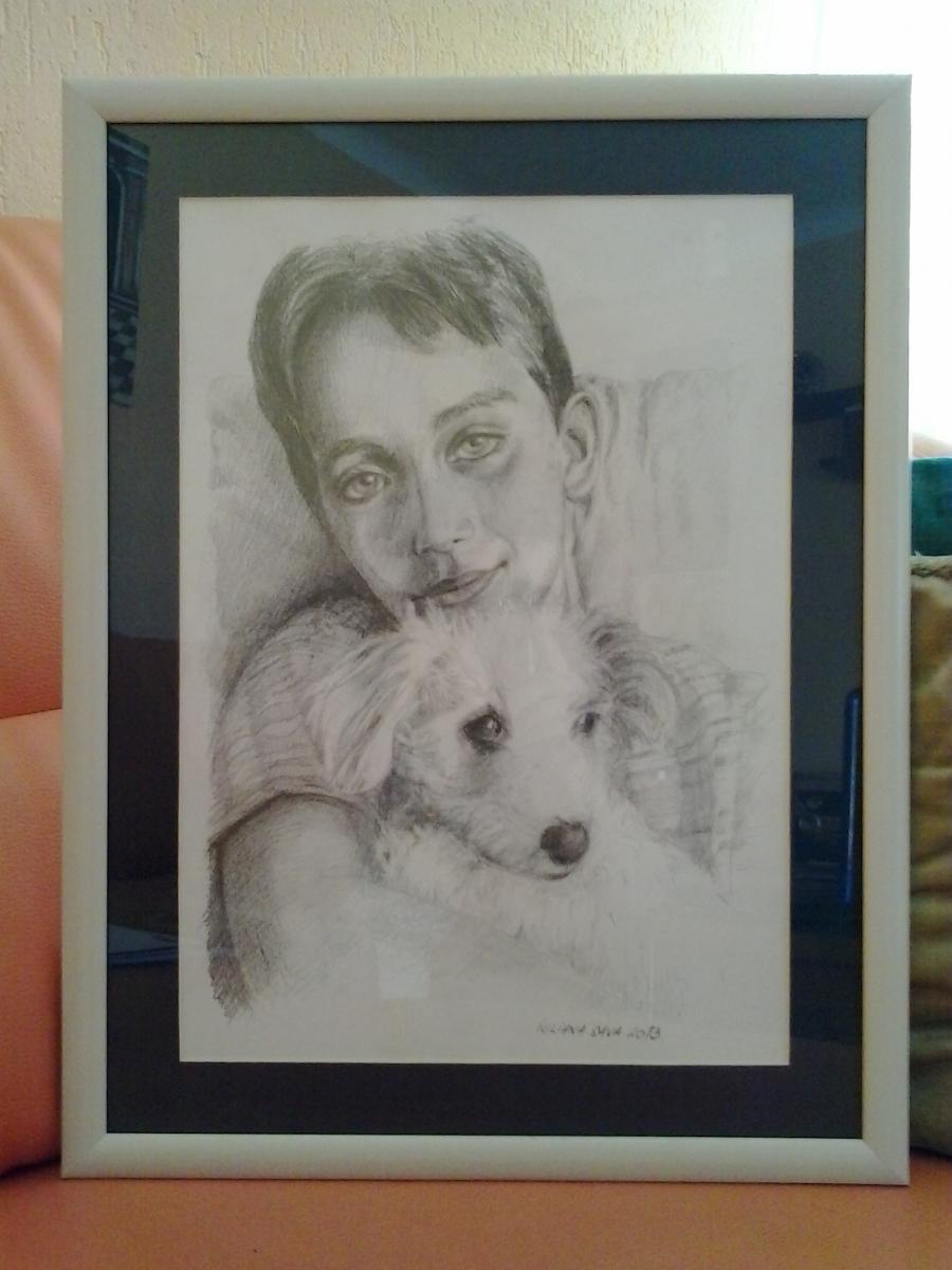 Picturi in creion / carbune Un pustan cu prietenul lui