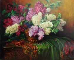 Picturi cu flori liliac cu draperie verd