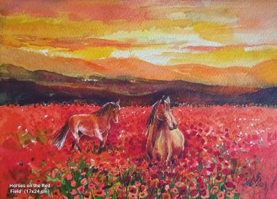 Picturi peisaj lan cu maci și cai.