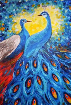 Picturi cu animale Blue Peacocks in Love