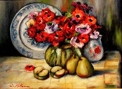 Picturi cu flori Natura statica cu anemone si fructe