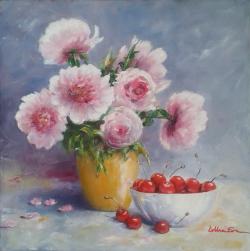 Picturi cu flori Bujori si cirese