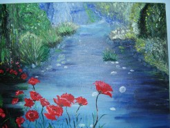 Picturi cu flori Maci pe malul lacului