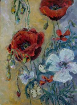 Picturi cu flori Maci  si fluturi