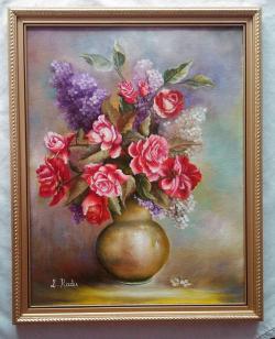 Picturi cu flori Trandafiri rosii si liliac 1-cu rama