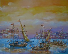 Picturi cu peisaje Peisaj:corabii in portul tomis