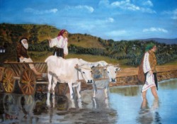 Picturi cu peisaje Car cu boi trecand vadul