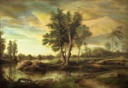 Picturi cu peisaje Peisaj cu pini la apus