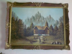 Picturi de iarna Peisaj de iarna cu brazi, casuta la munte