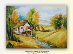 Picturi de primavara La moara (1) - pictura peisaj rural, ulei pe panza 32x24cm