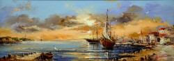Picturi maritime navale Apus in port